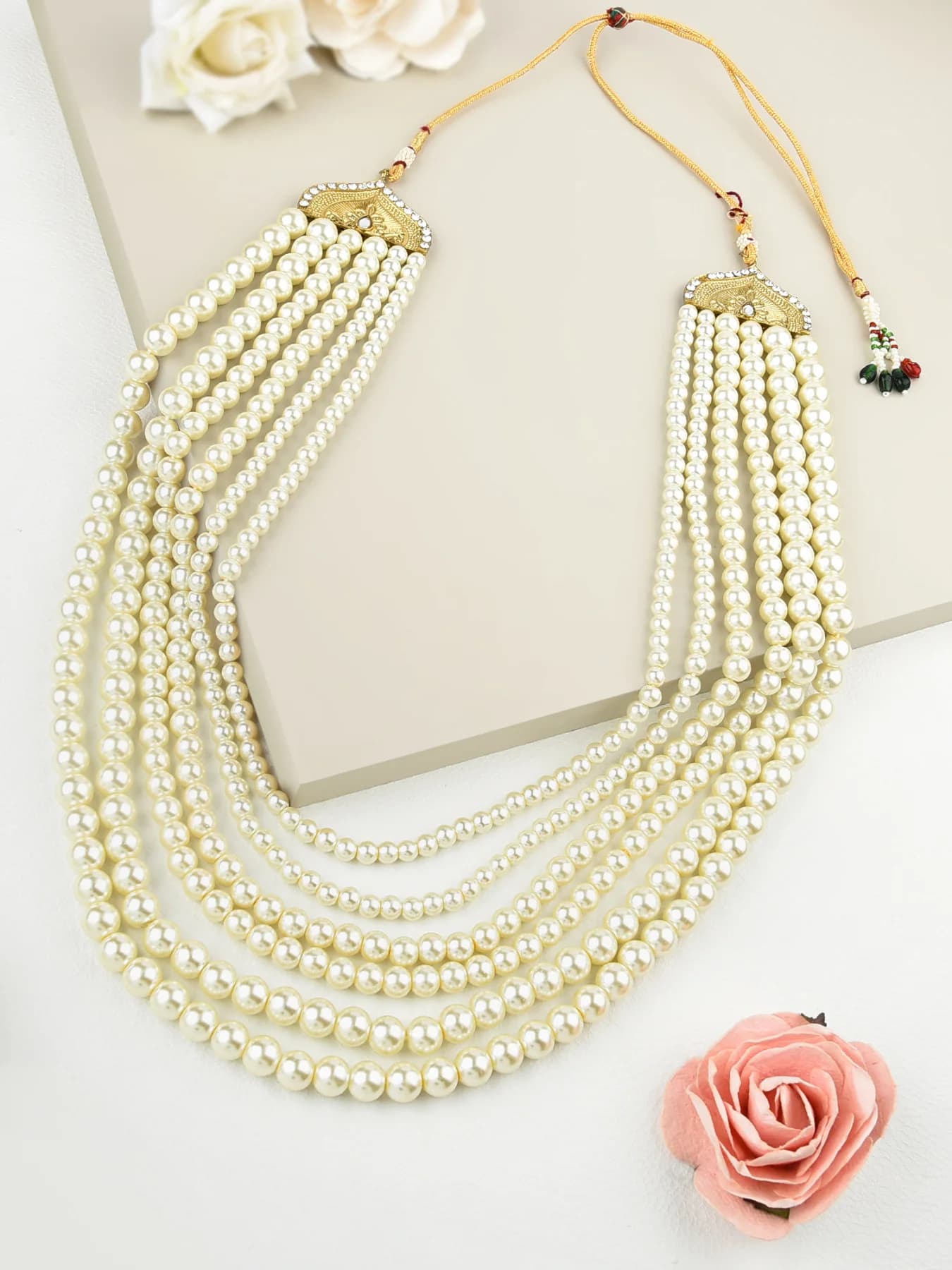 Women's Gold Tone Fusion Wear Multilayered Pearls Statement Necklace