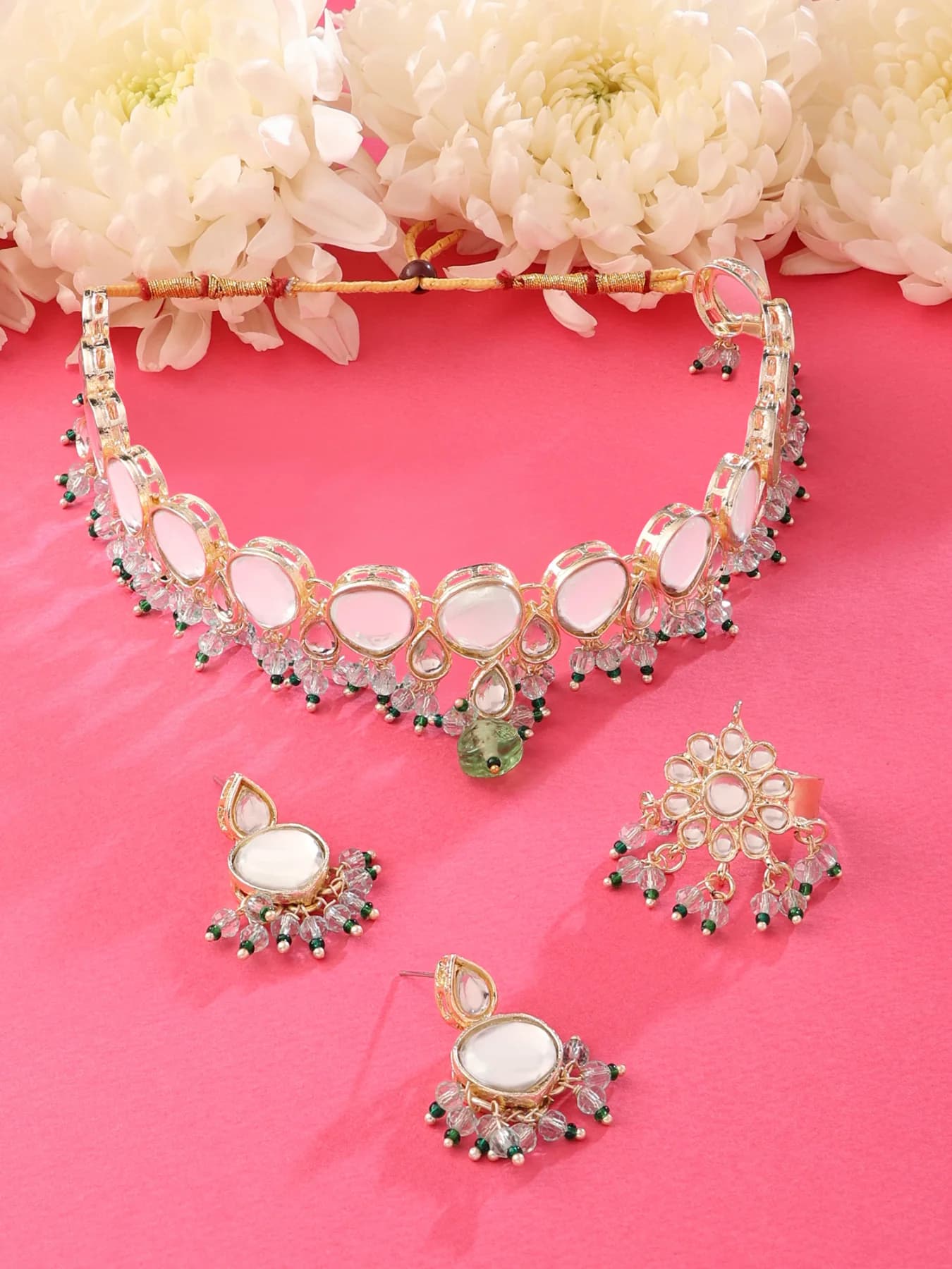Women's Turquoise & Green Beads Drop Kundan Choker Necklace Earring & Ring Set
