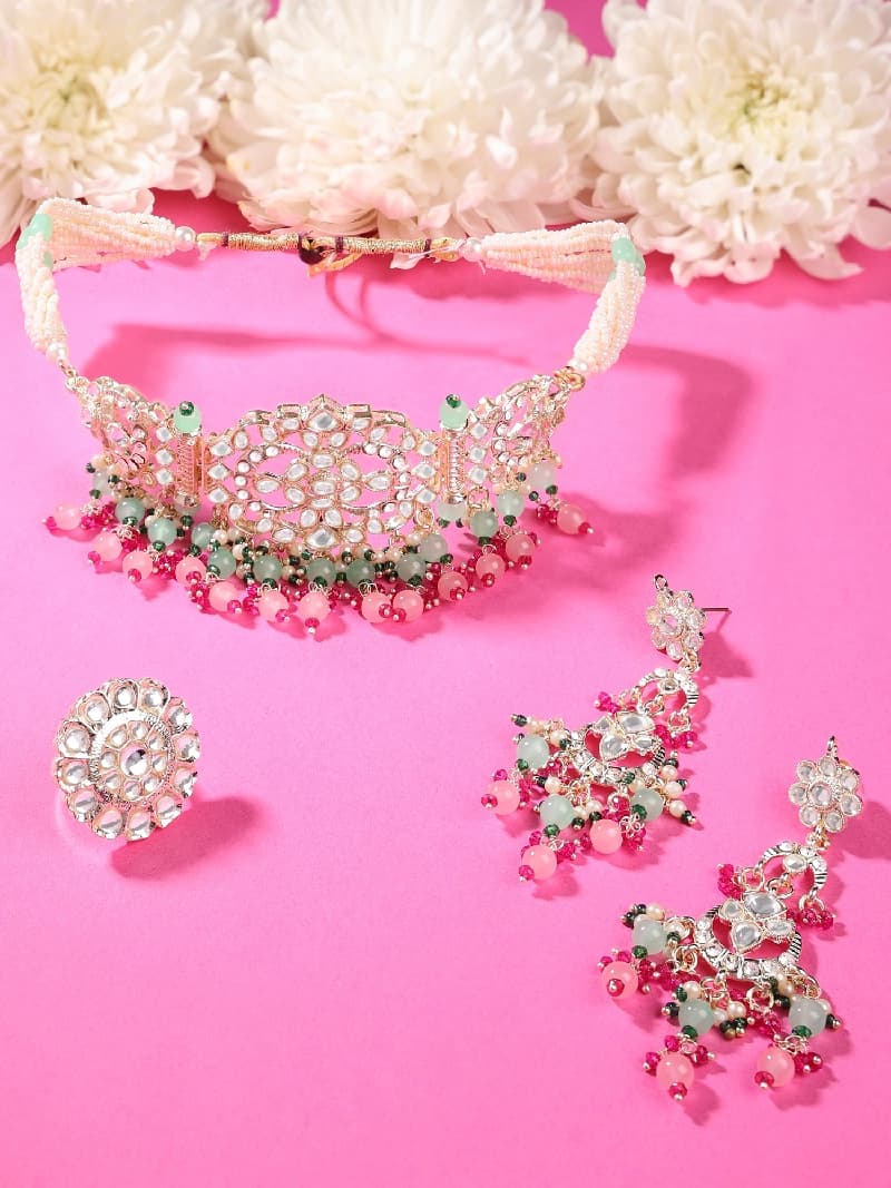 Women's Pink Green Beads Drop Kundan Multistrand Choker Necklace Earring & Ring Set