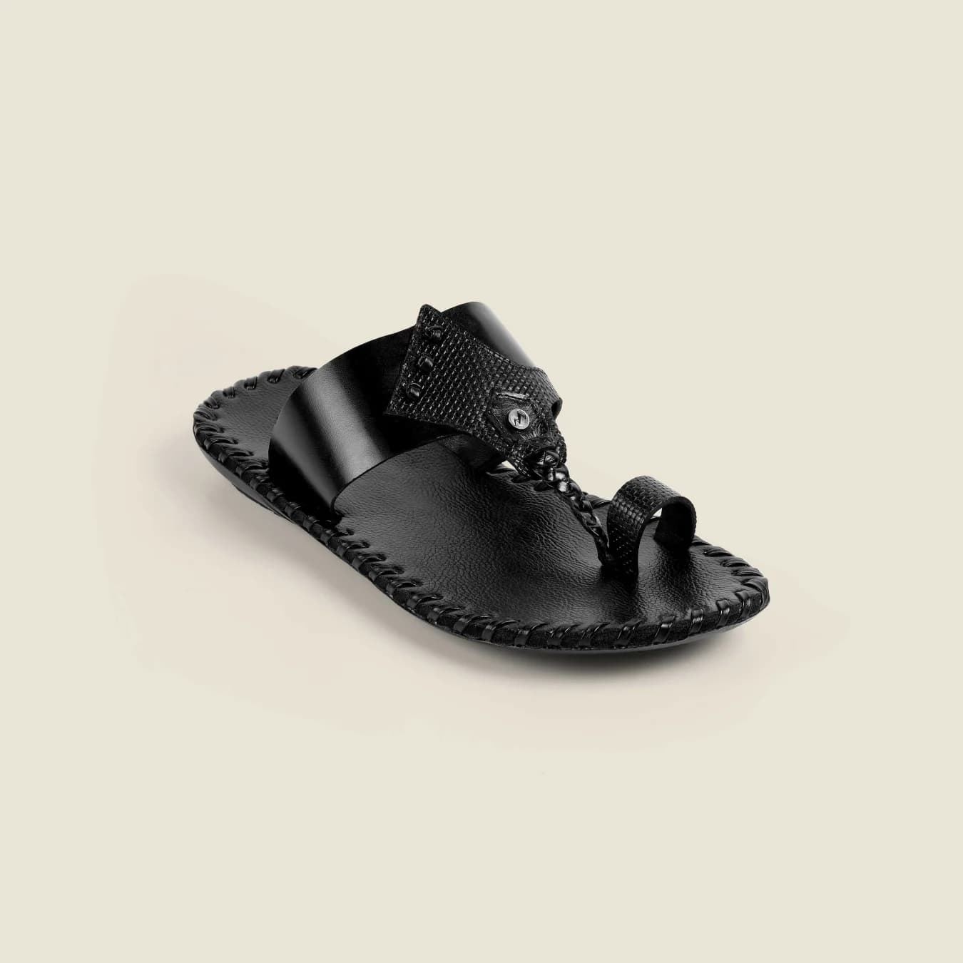Men's Black Casual Leather Round Toe Kolhapuri Chappal