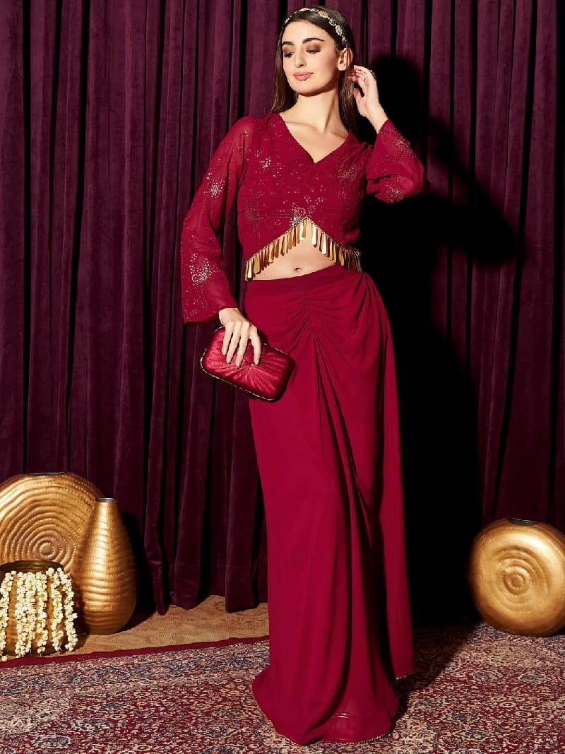 Women's Embellished V-Neck Top with Skirt