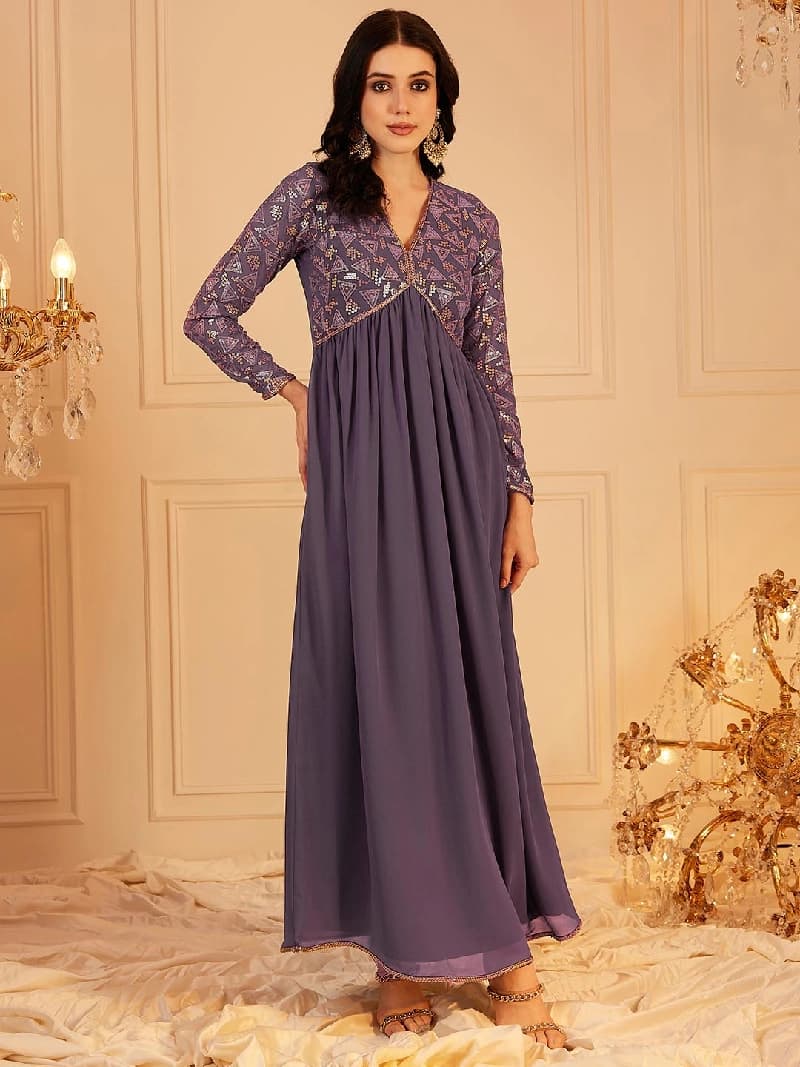 Women's Embellished Sequinned Empire Maxi Ethnic Dress