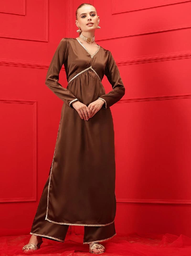 Women's V-Neck High Slit Satin Straight Kurta with Palazzos