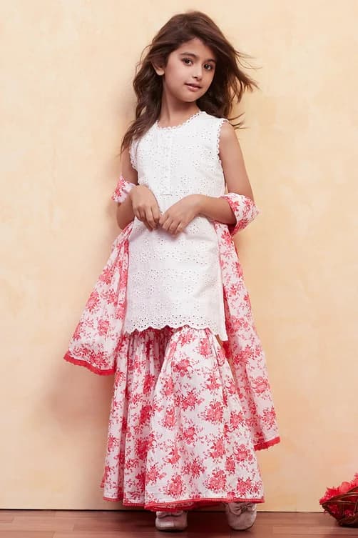 Kids Red and White Cotton Schiffli Straight Suit Set