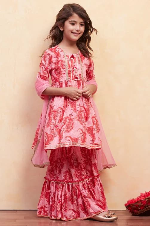 Kids Pink Cotton Printed Gathered Suit Set