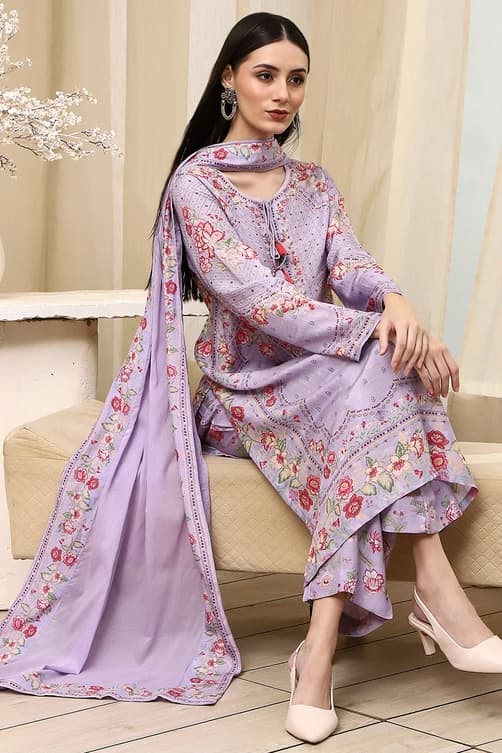 Women's Purple Festive Printed Full Sleeves Kurta Set
