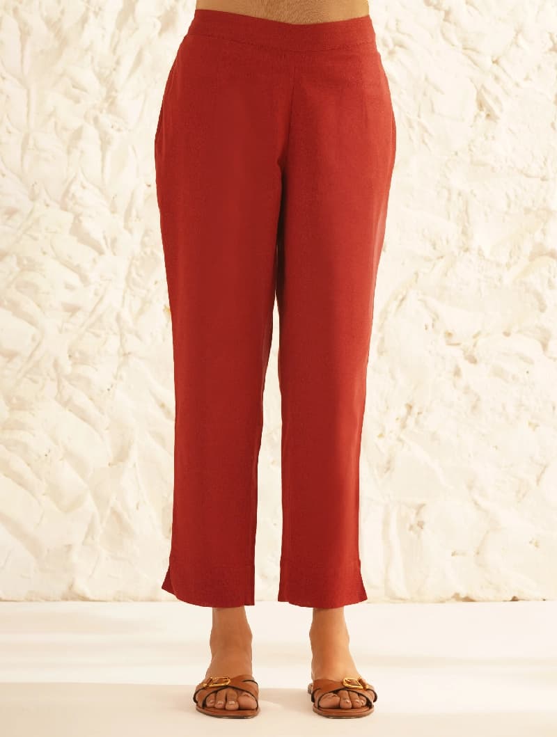 Women's Red Casual Solid Straight Fit Trouser