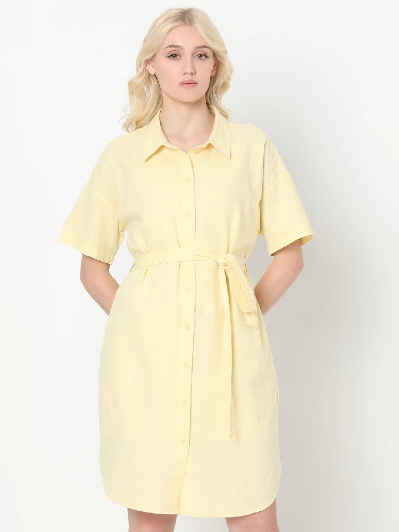 Women's Yellow Casual Solid Dress