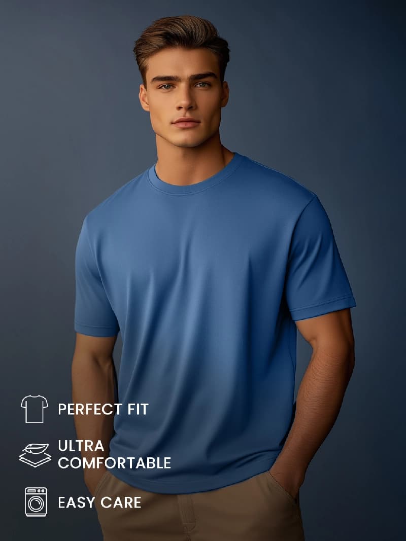 Men's Blue Casual Solid Regular Fit Tshirt