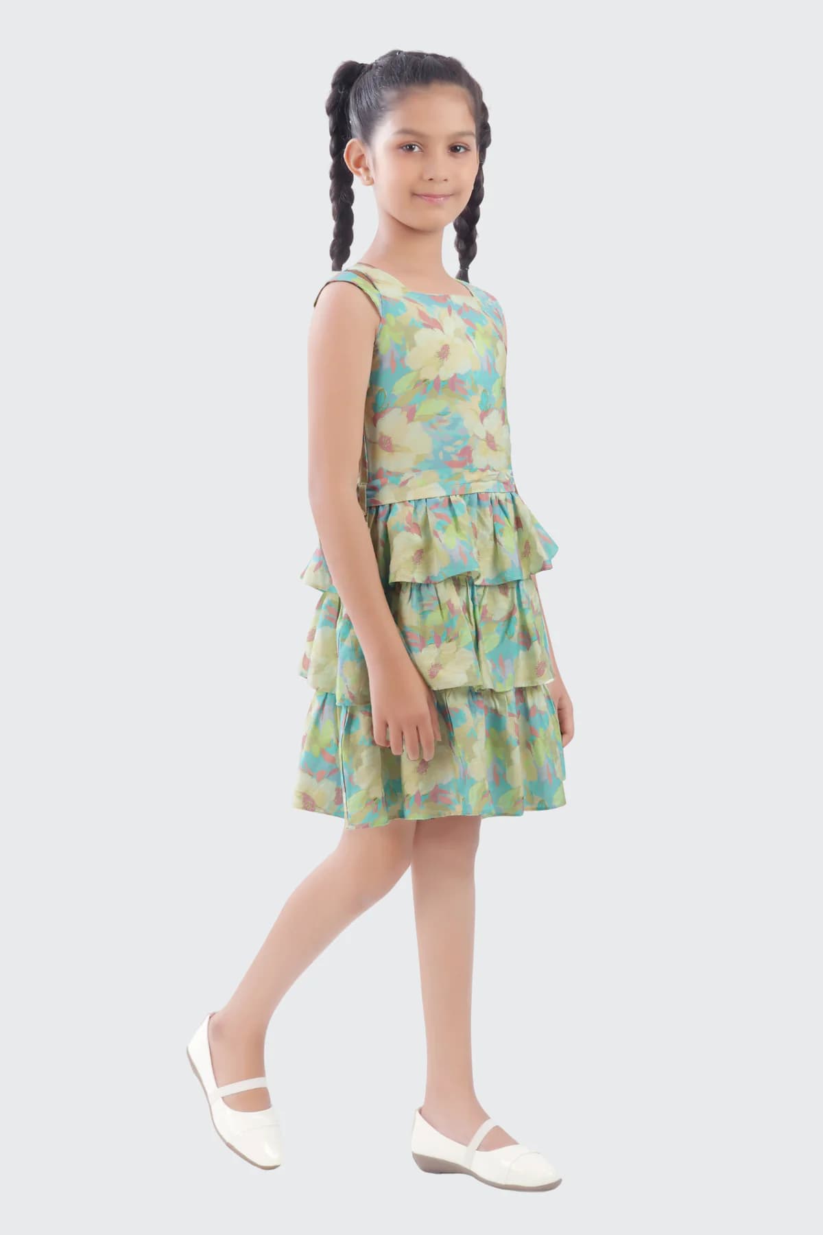 Girls Green Party Sleeveless Fit & Flared Dress