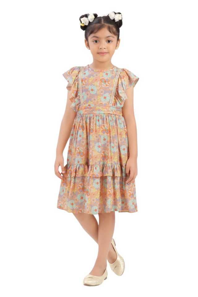 Girls Orange Party Sleeveless Fit & Flared Dress