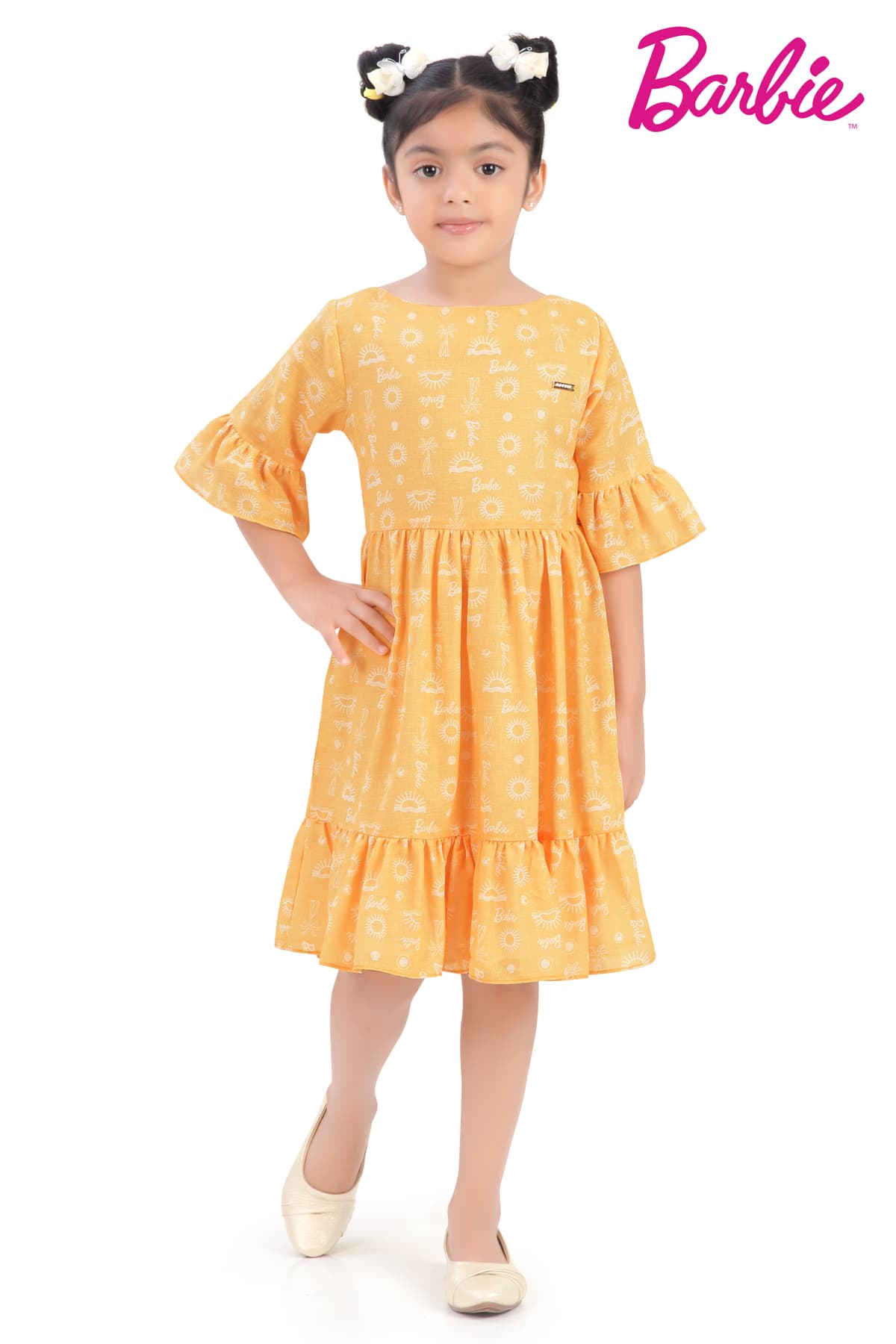 Girls Yellow Party Half Sleeves Fit & Flared Dress