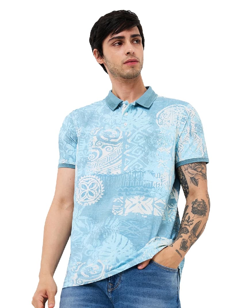 Men's Blue Casual Printed Slim Fit Polo Tshirt