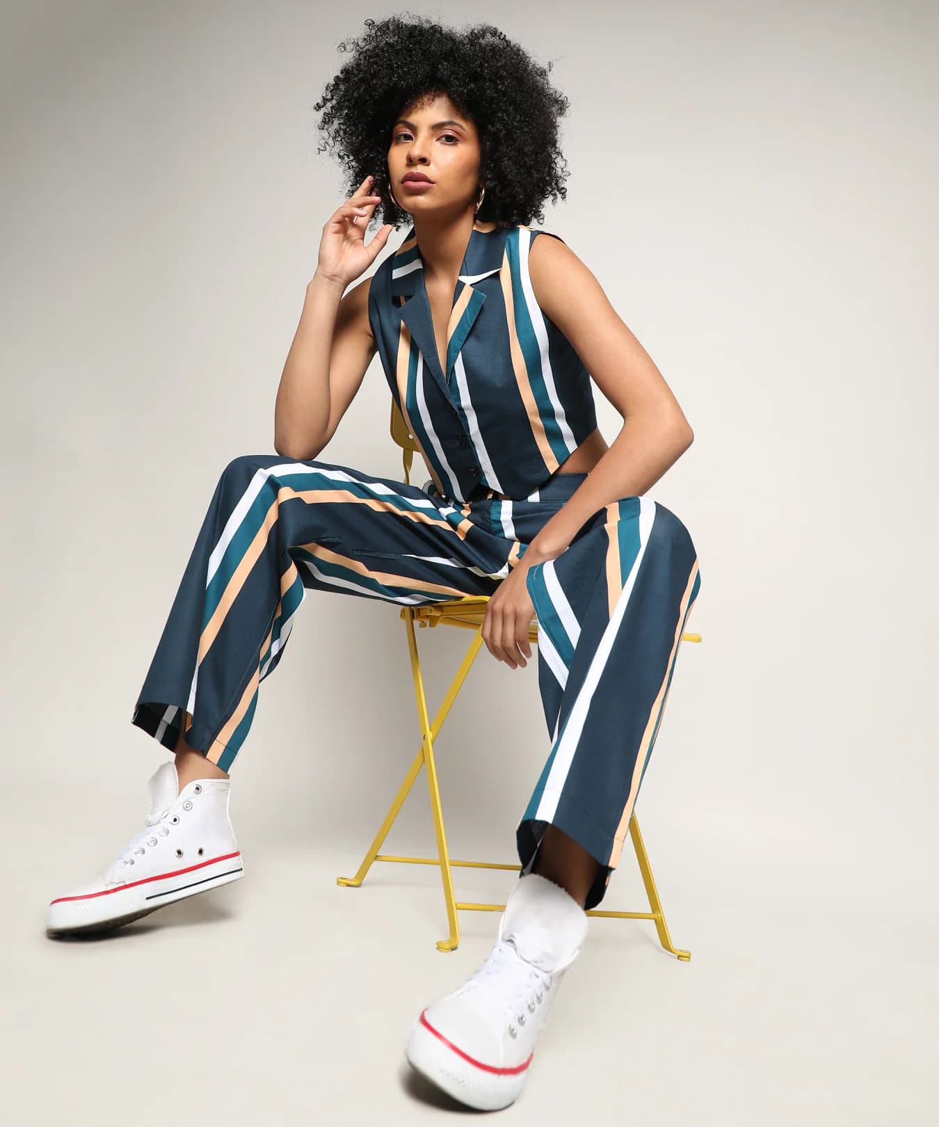 Women's Blue Casual Striped Co-ords Set