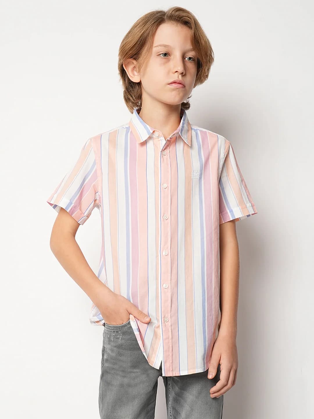Boys Pink Casual Half Sleeves Striped Shirt