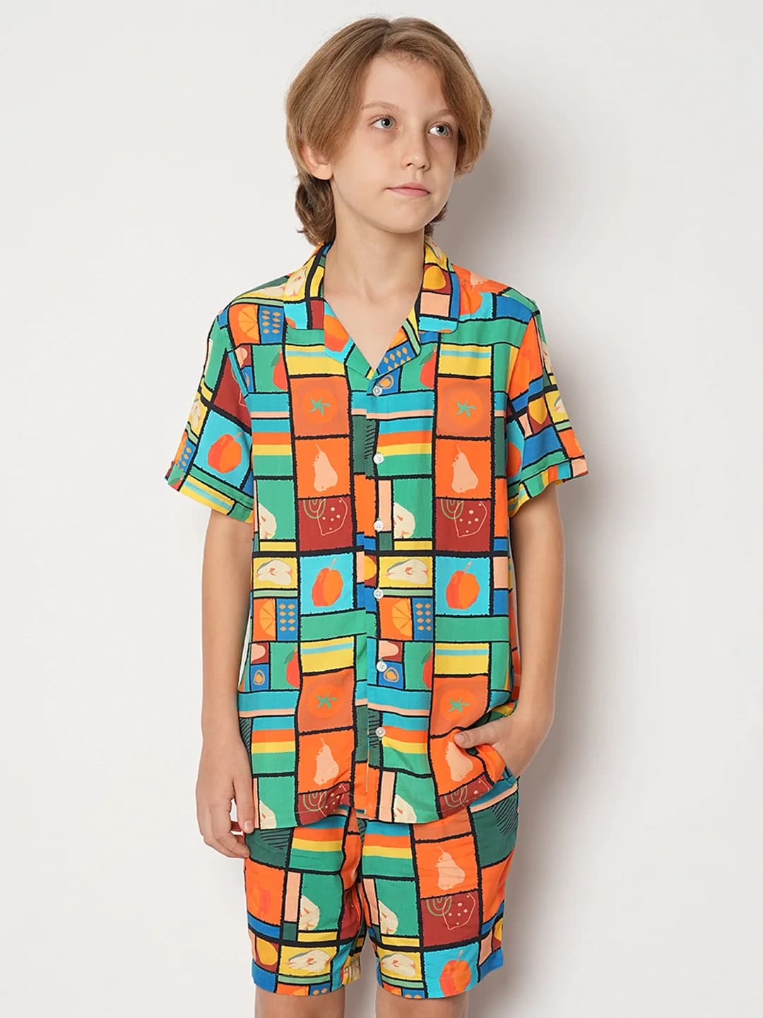 Boys Orange Casual Half Sleeves Geometric Shirt