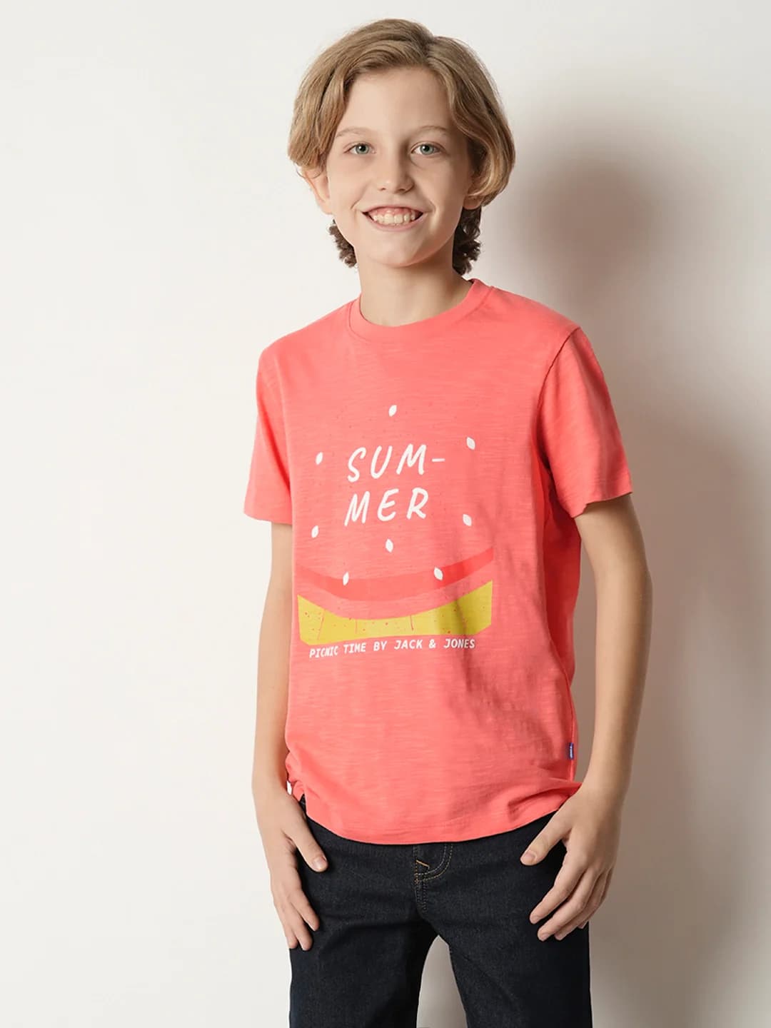 Boys Orange Casual Half Sleeves Printed Tshirt