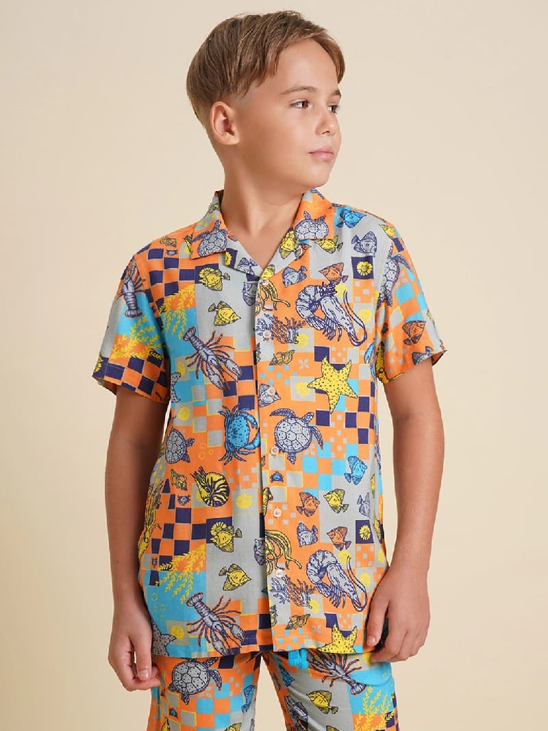 Boys Orange Casual Half Sleeves Printed Shirt