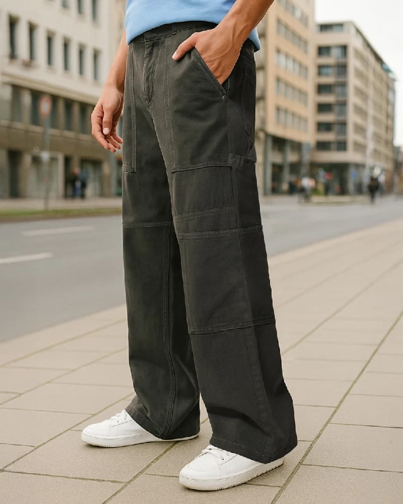 Men's Green Casual Solid Baggy Fit Jeans