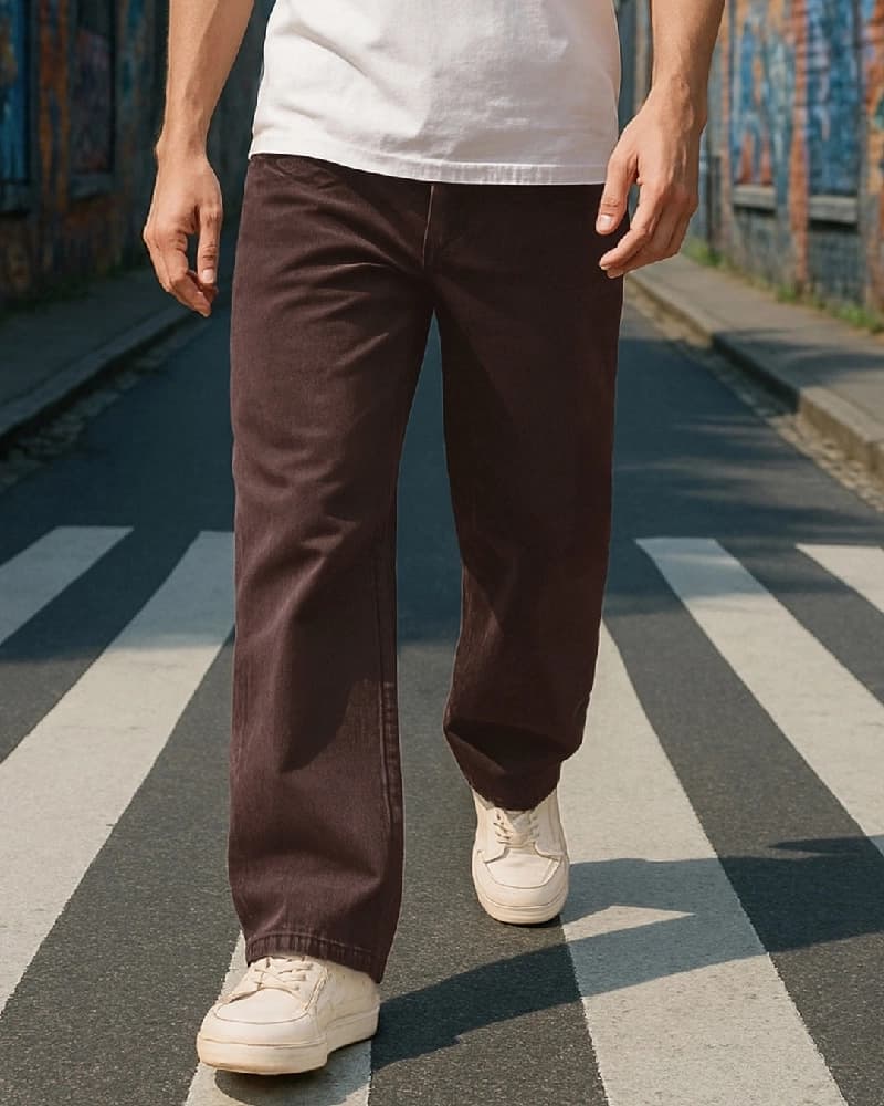 Men's Brown Casual Solid Baggy Fit Jeans