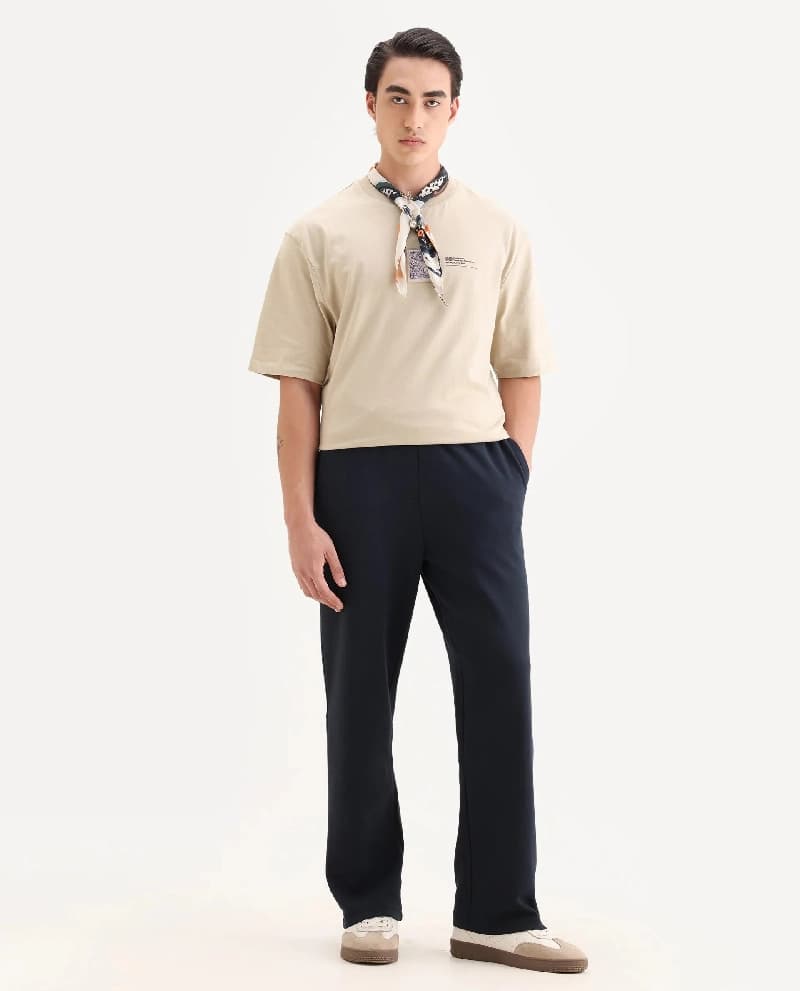 Men's Navy Formal Solid Baggy Fit Trouser