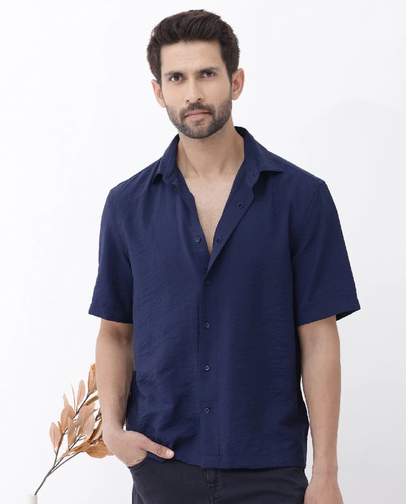 Men's Navy Casual Solid Oversized Fit Shirt