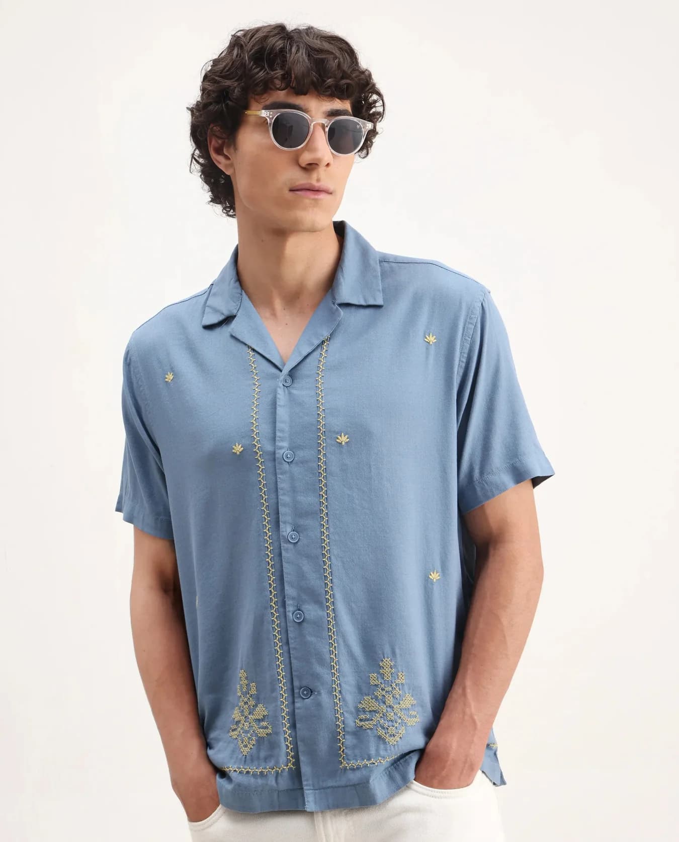 Men's Blue Casual Self-Design Oversized Fit Cotton Shirt
