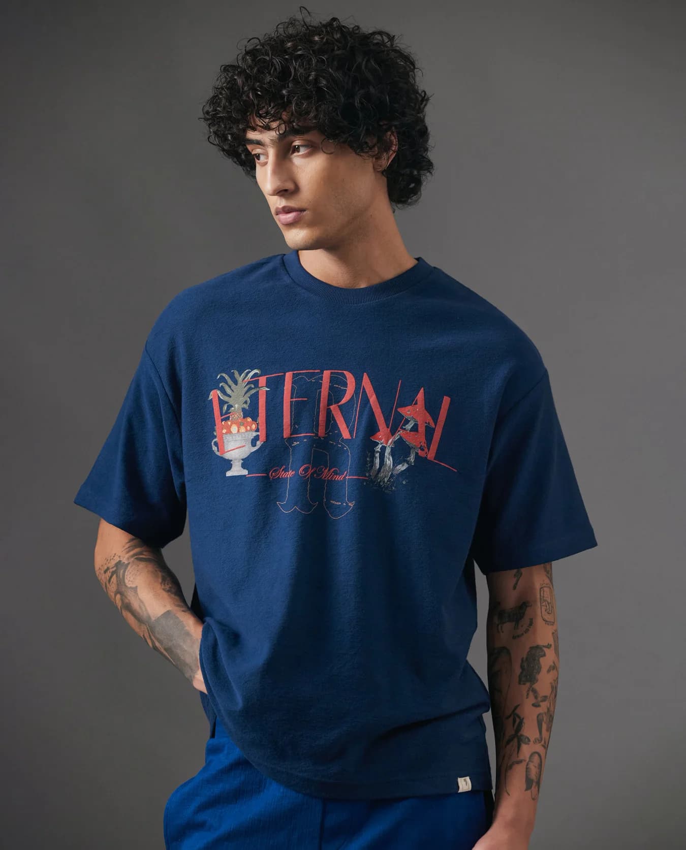 Men's Navy Casual Printed Oversized Fit Tshirt