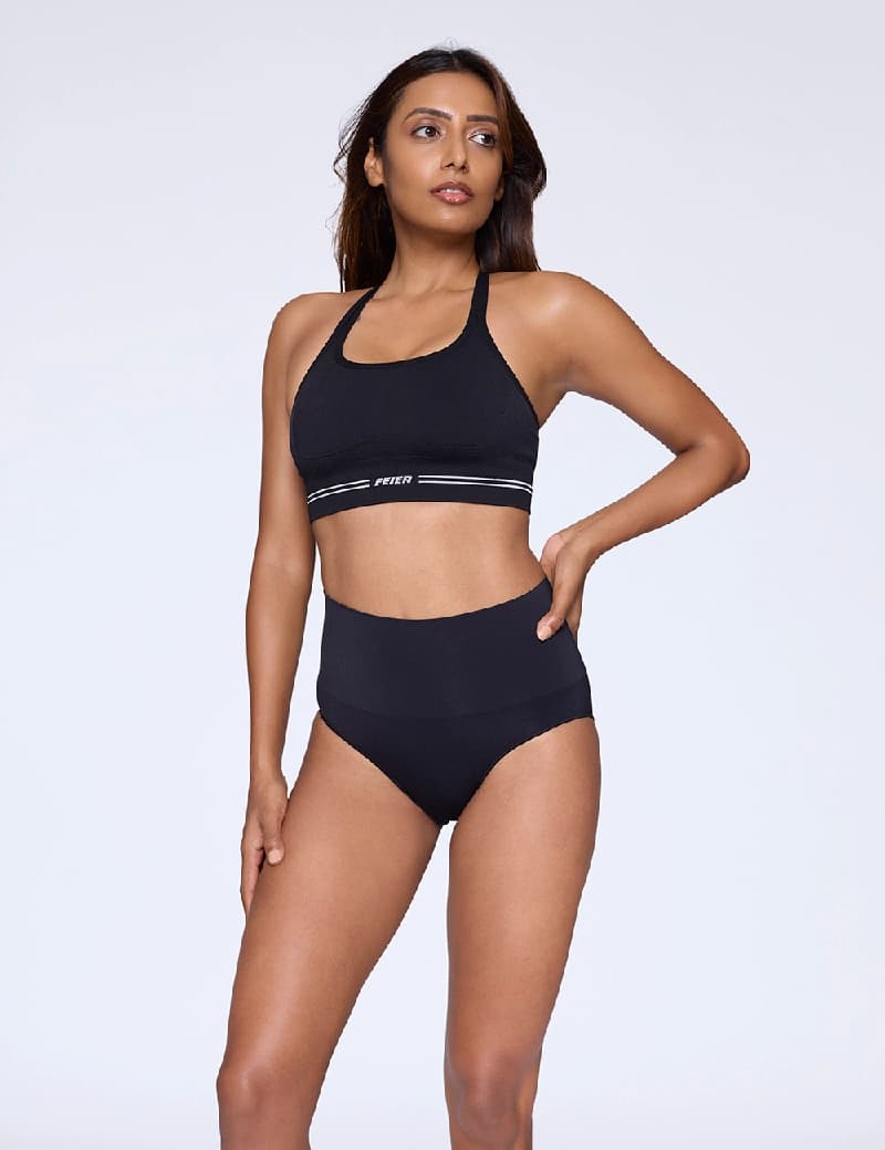 Women's Black Sport Solid High Rise Hipsters