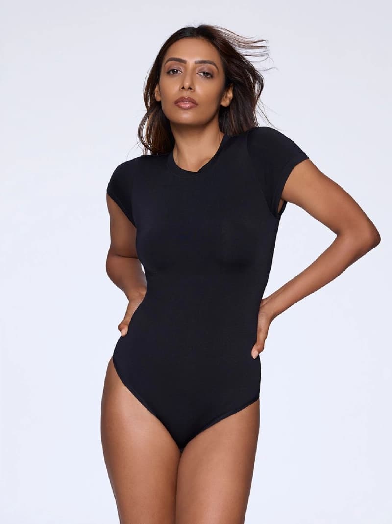 Women's Black Sports Solid Bodysuit