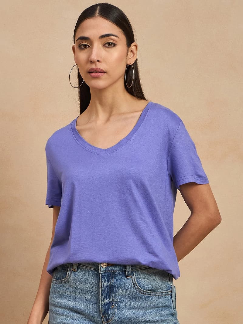 Women's Blue Casual Solid Regular Fit Tshirt