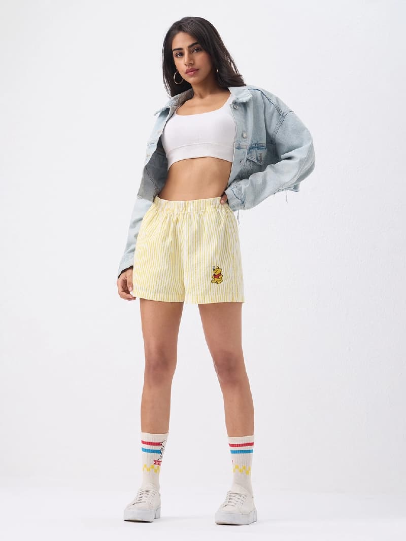 Women's Yellow Casual Striped Regular Fit Short