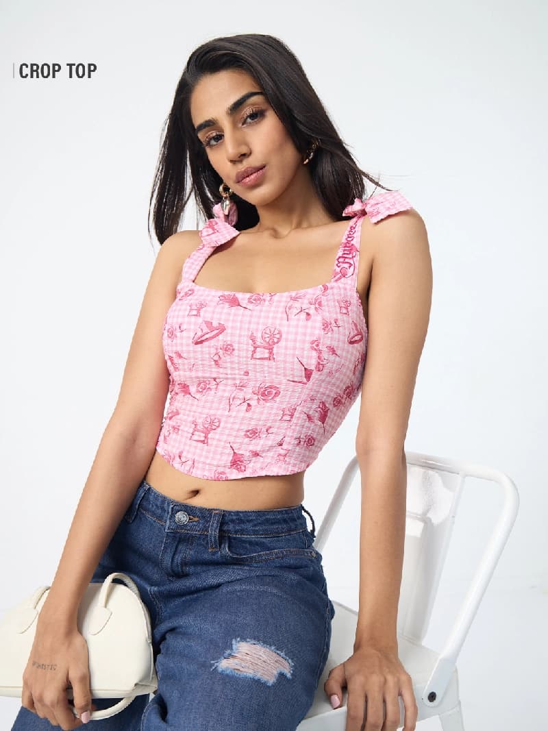 Women's Pink Casual Printed Slim Fit Top