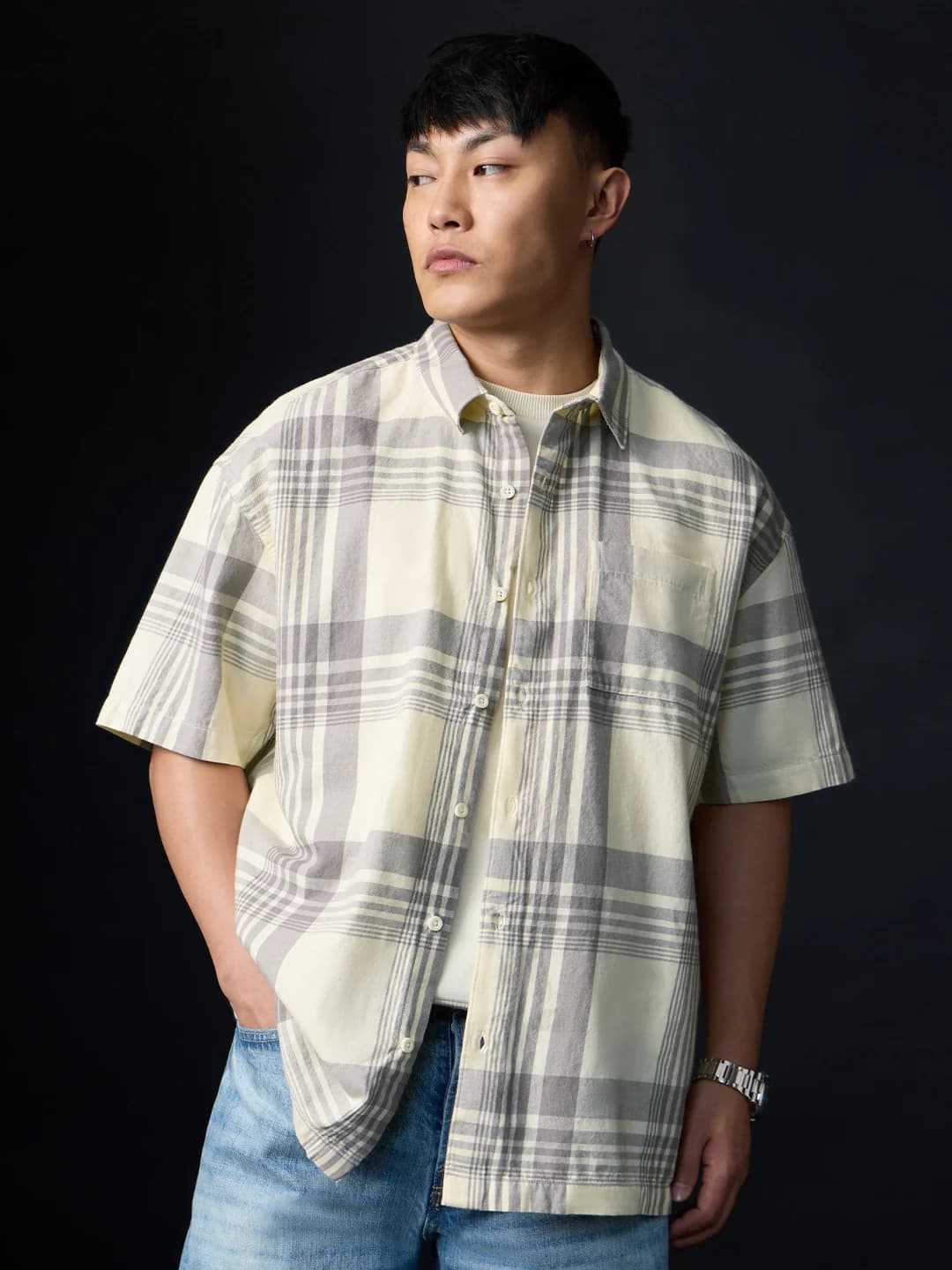 Men's Off White Casual Printed Oversized Fit Cotton Shirt