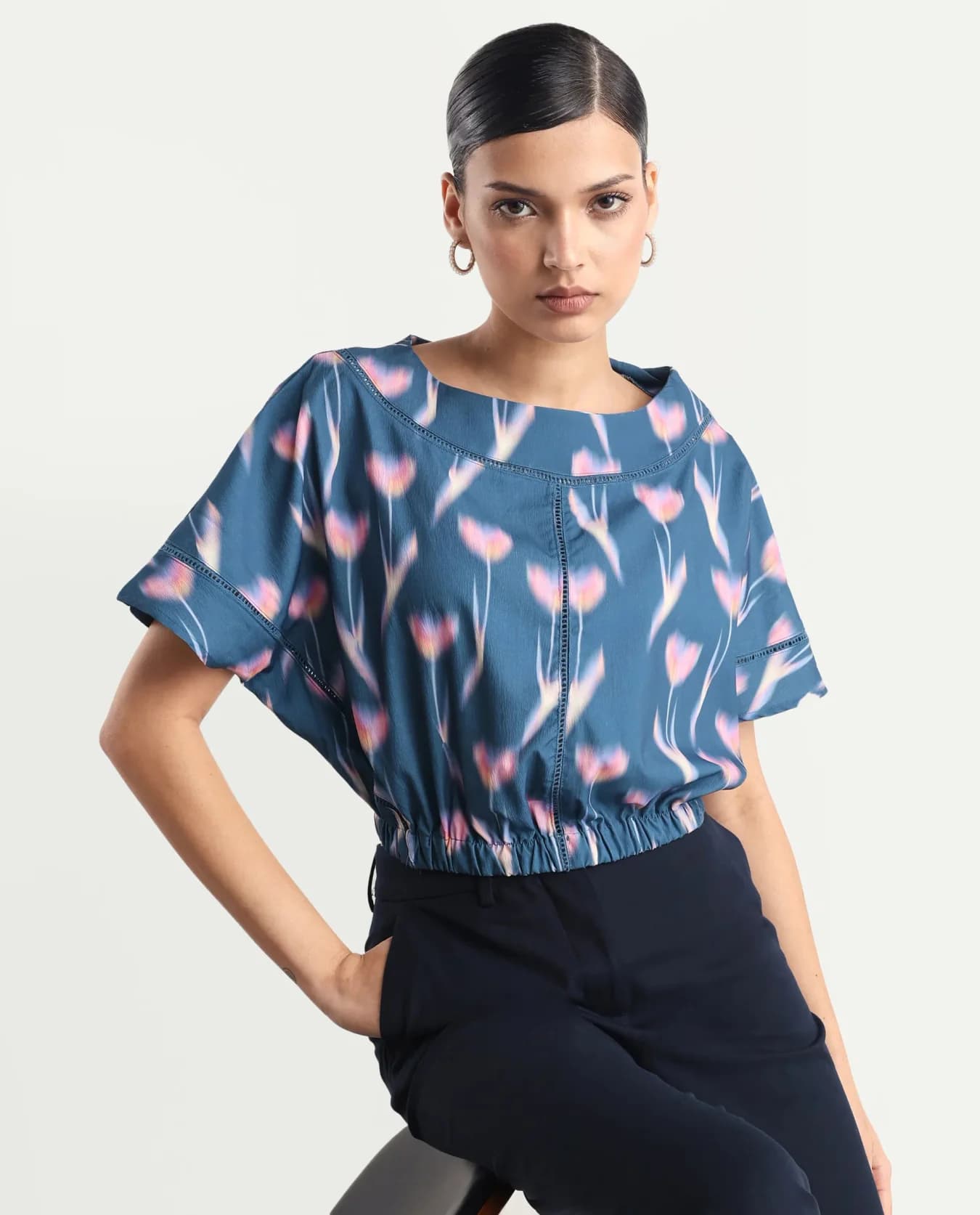 Women's Blue Casual Printed Regular Fit Top