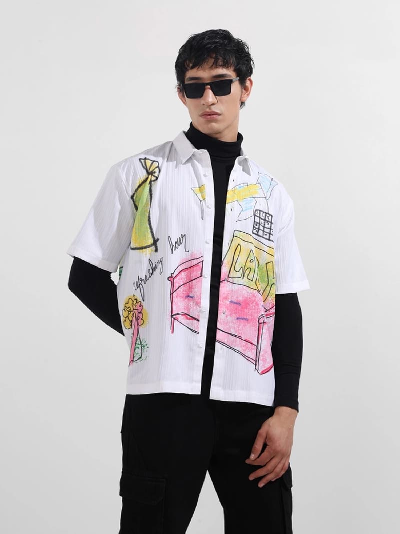 Men's White Casual Printed Boxy Fit Shirt