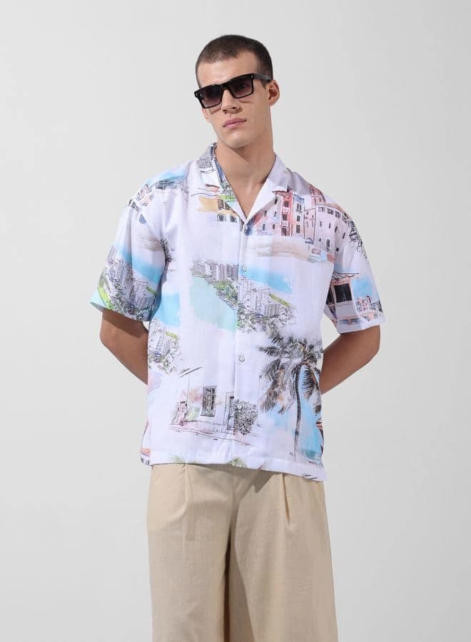Men's White Casual Printed Regular Fit Shirt