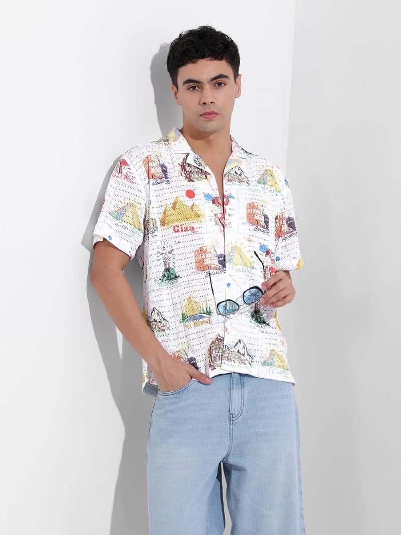 Men's White Casual Printed Regular Fit Shirt