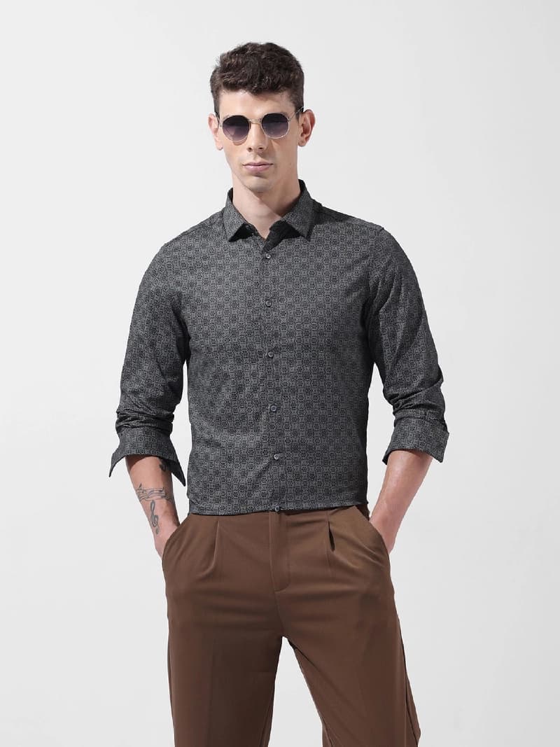 Men's Grey Casual Printed Slim Fit Shirt