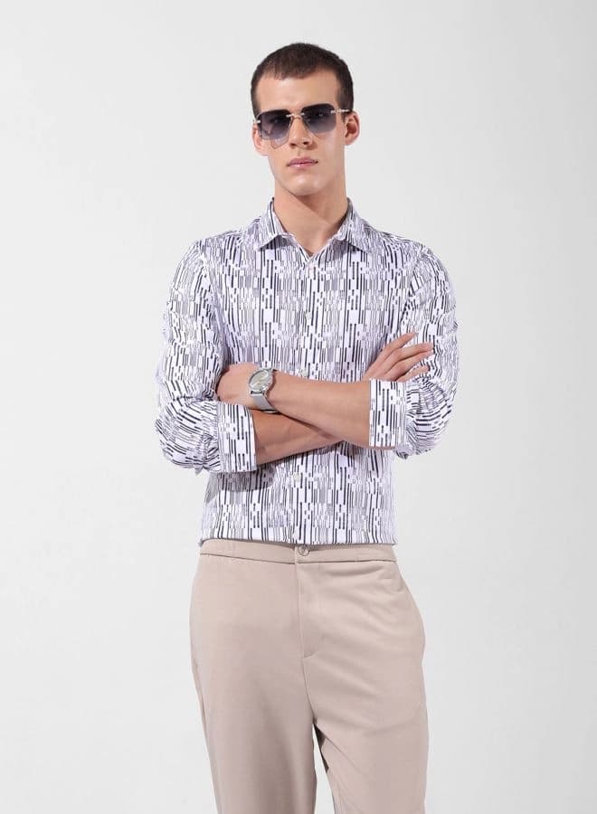Men's White Casual Printed Slim Fit Shirt