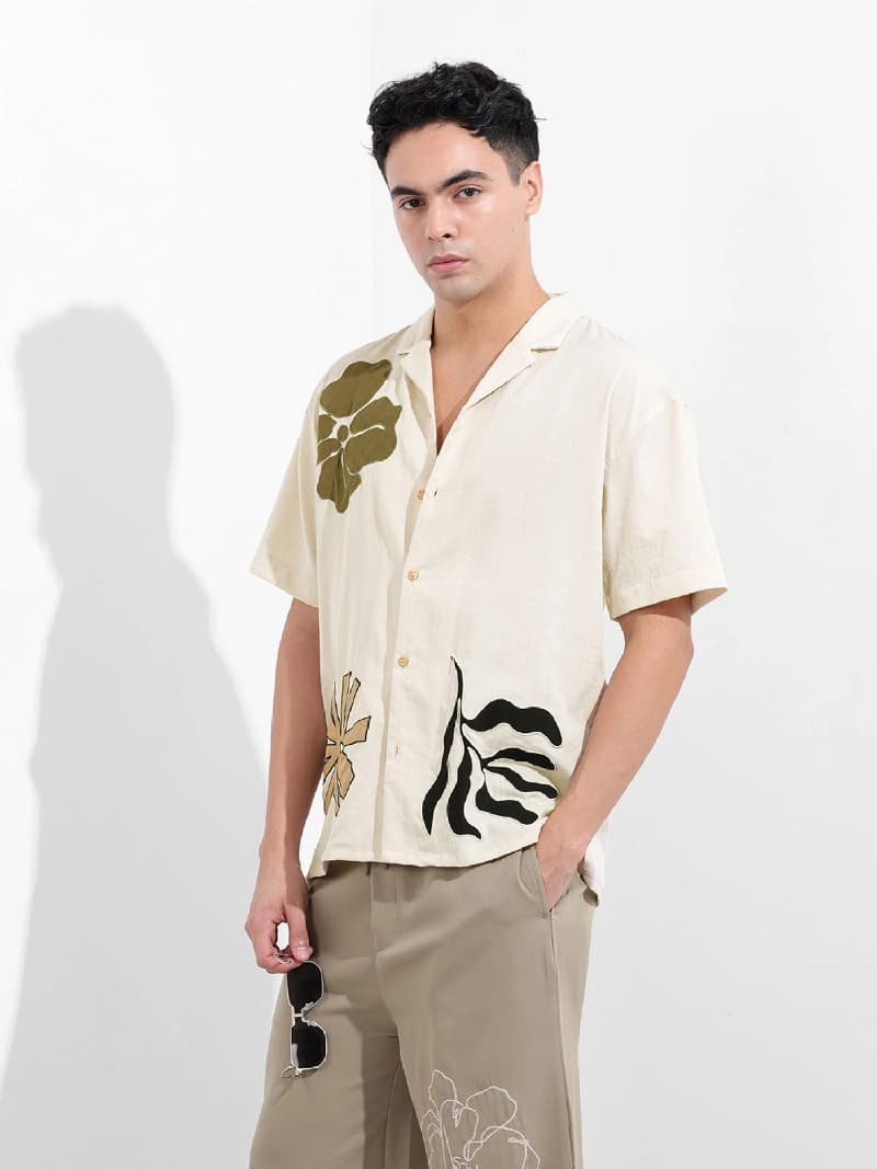 Men's Cream Casual Floral Regular Fit Shirt