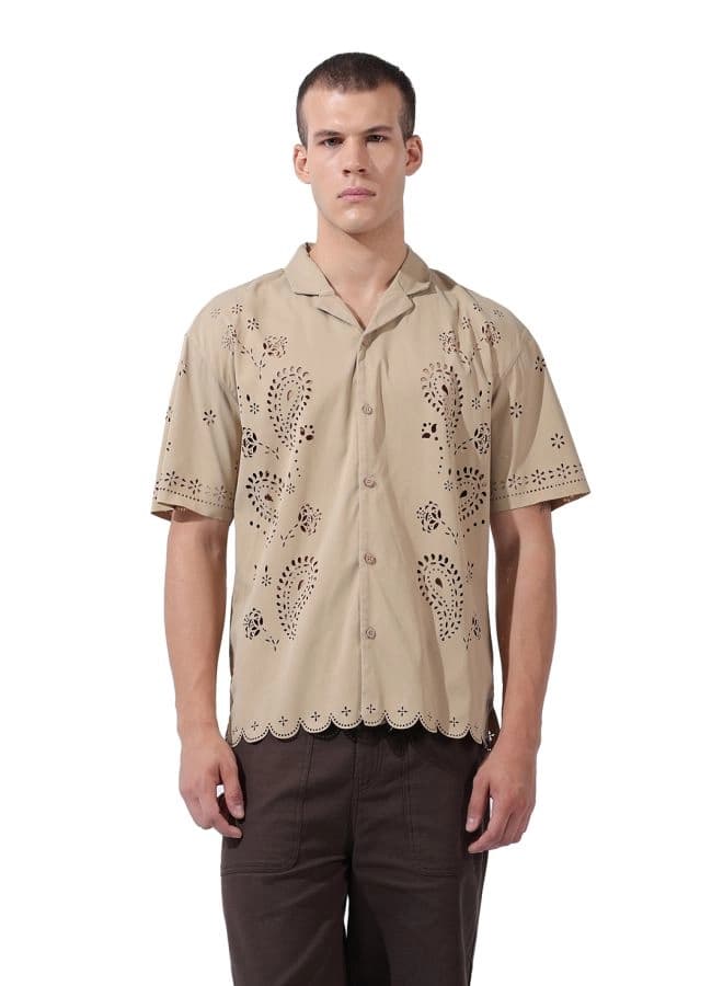 Men's Beige Casual Self-Design Regular Fit Shirt