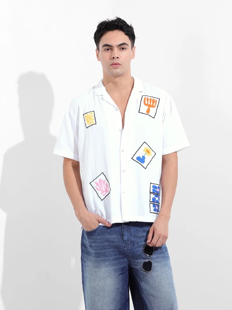 Men's White Casual Printed Regular Fit Shirt