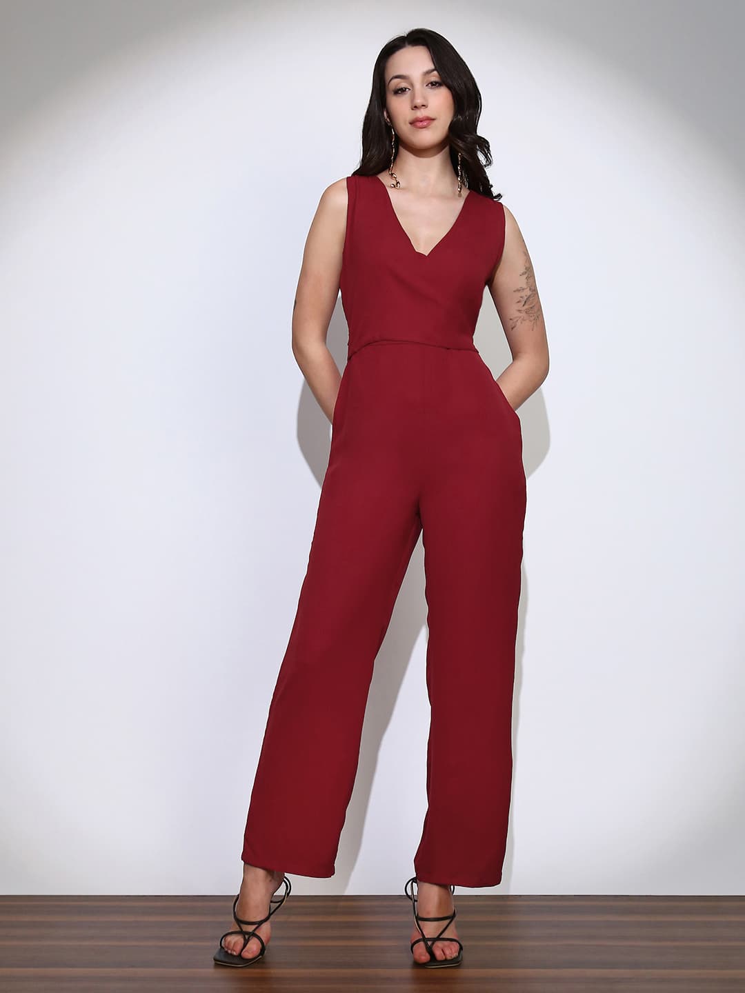 Women's Red Casual Solid Jumpsuit