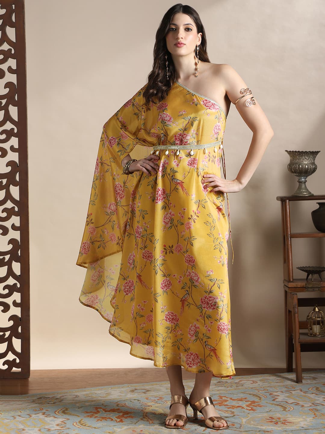 Women's Yellow Casual Floral Regular Fit Dress