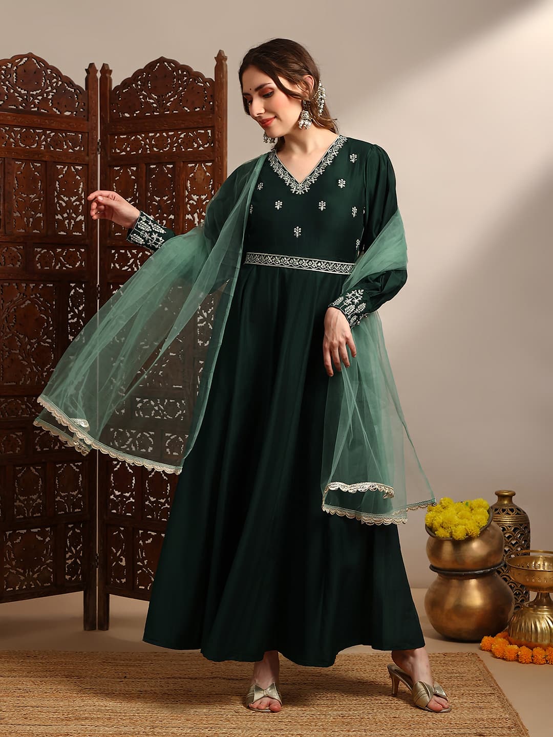 Women's Green Casual Printed Flared Fit Dress