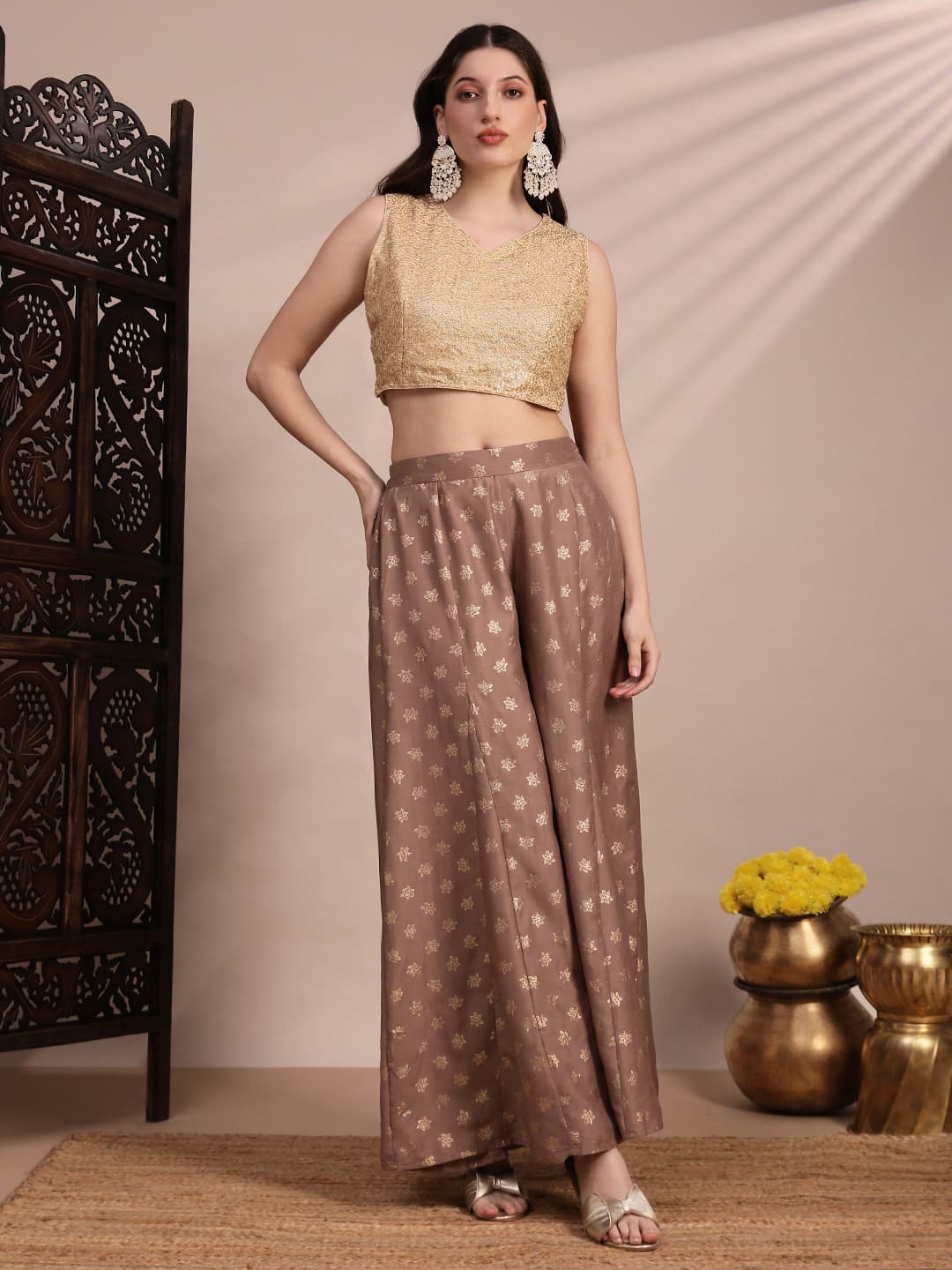 Women's Brown Festive Printed Wide Leg Trouser