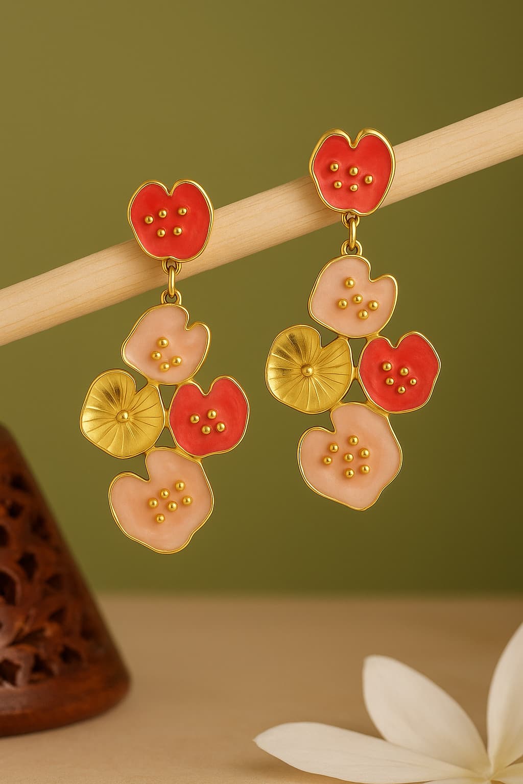 Women's Enamel Gold Floral Statement Earrings