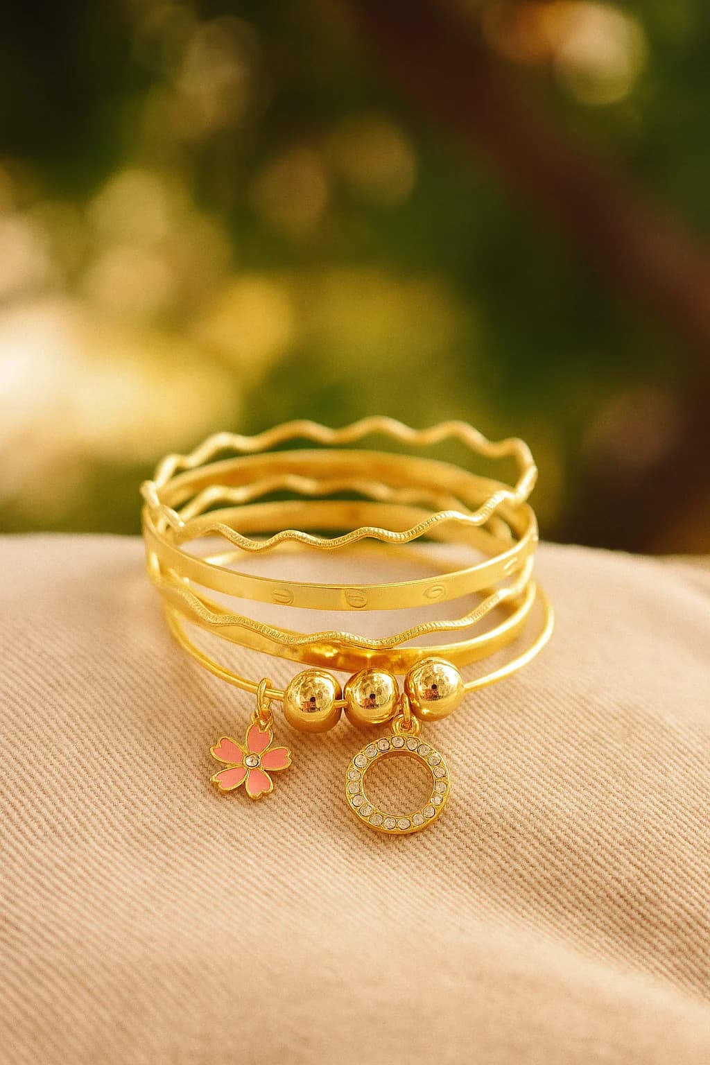 Women's Gold Charm Bangles - Flower & Bead Design