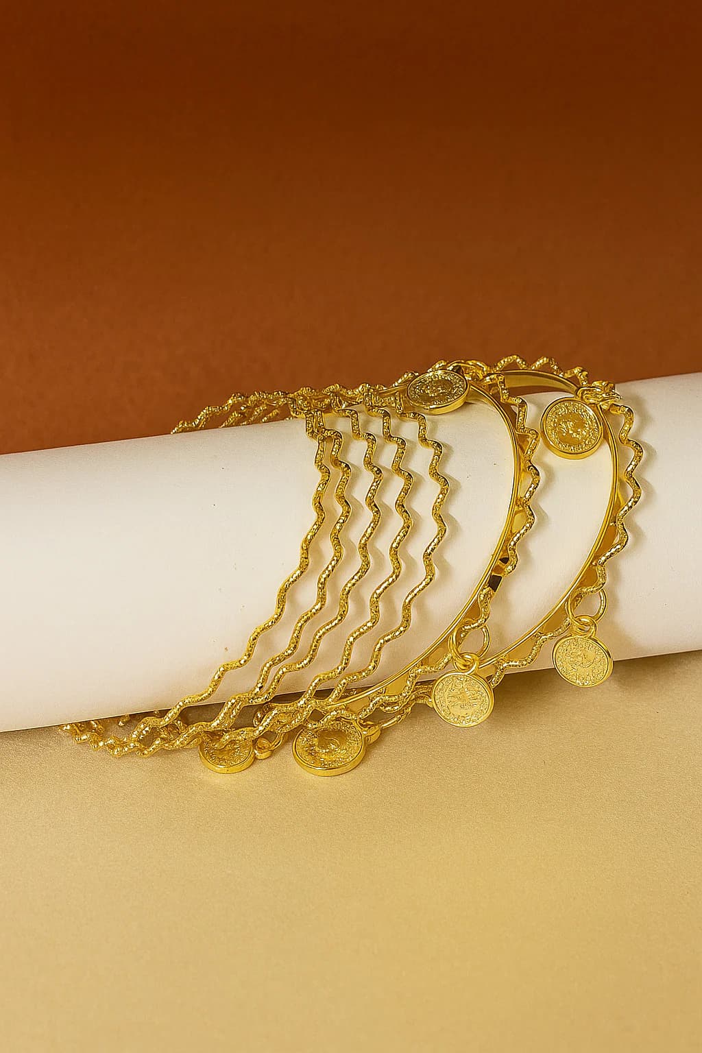 Women's Gold-Plated Wavy Bangles With Intricate Coin - Set of 7